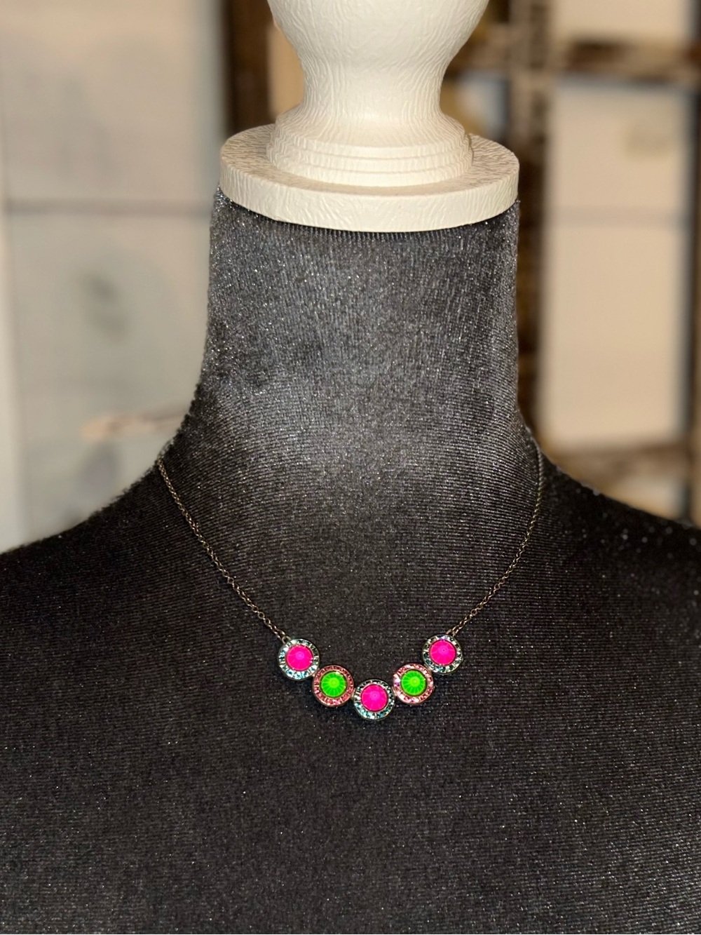 Sorrelli Pink and Green Crystal Circle Necklace